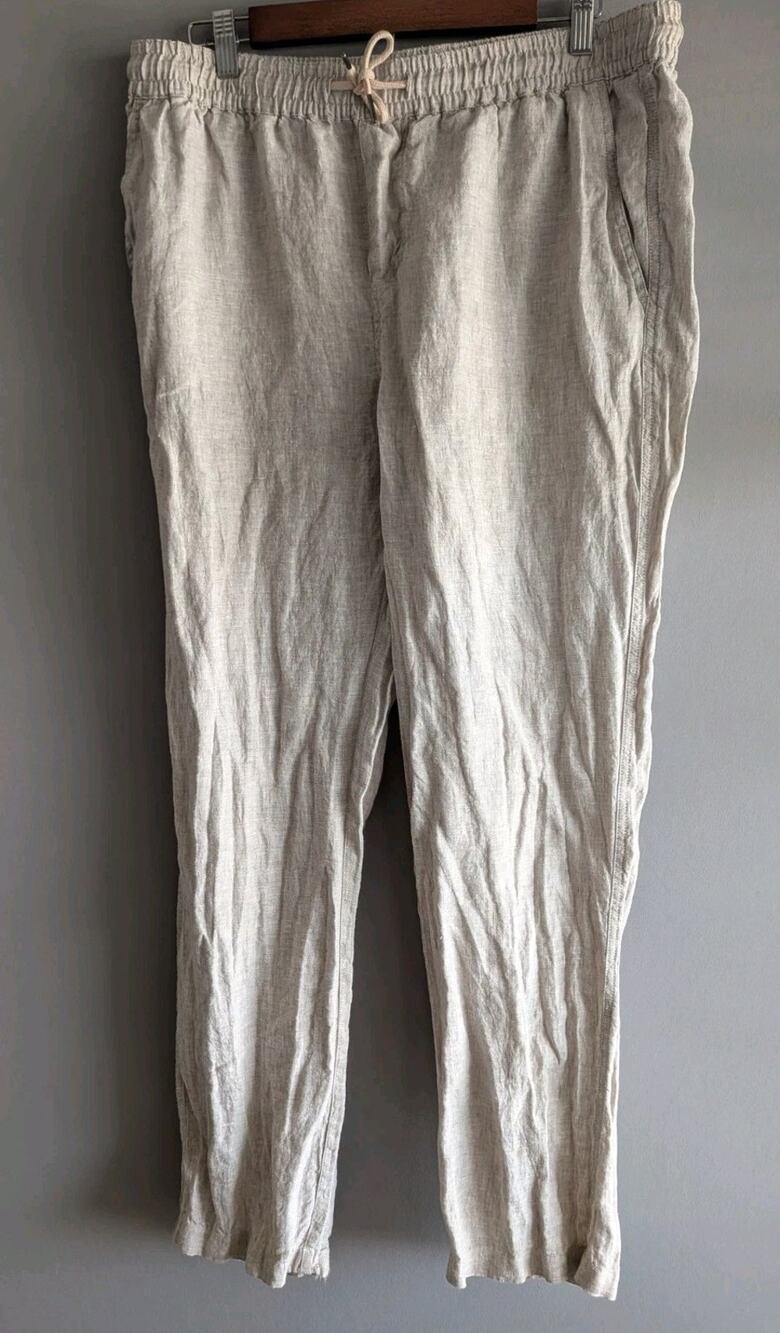 Quince 100% Linen Pants Tapered Leg Drawstring Sustainable Tan Beige Large